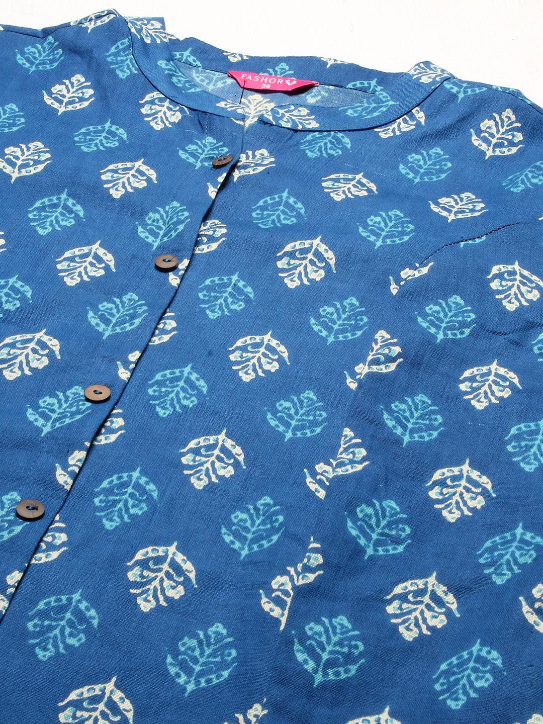 Ethnic Block Printed Kurta - Blue - Indiakreations