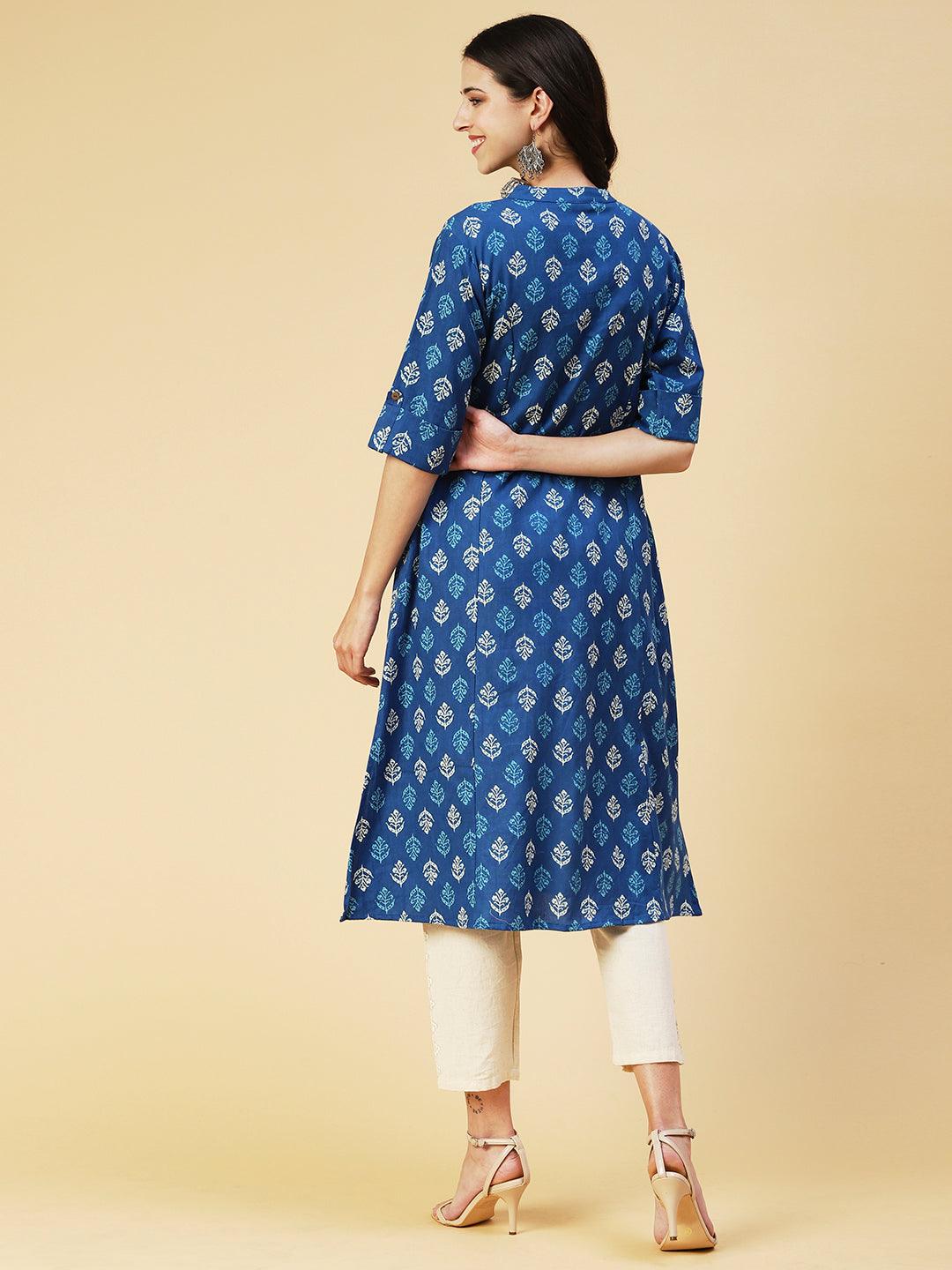 Ethnic Block Printed Kurta - Blue - Indiakreations