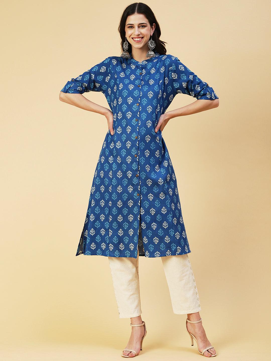 Ethnic Block Printed Kurta - Blue - Indiakreations