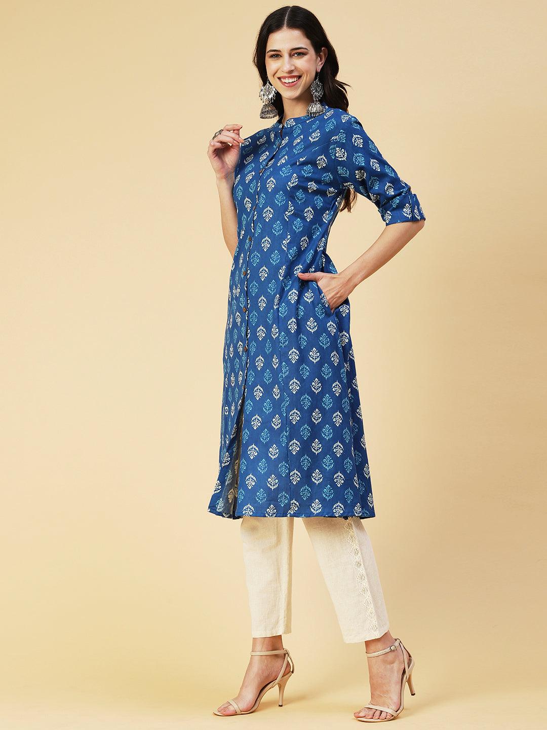 Ethnic Block Printed Kurta - Blue - Indiakreations