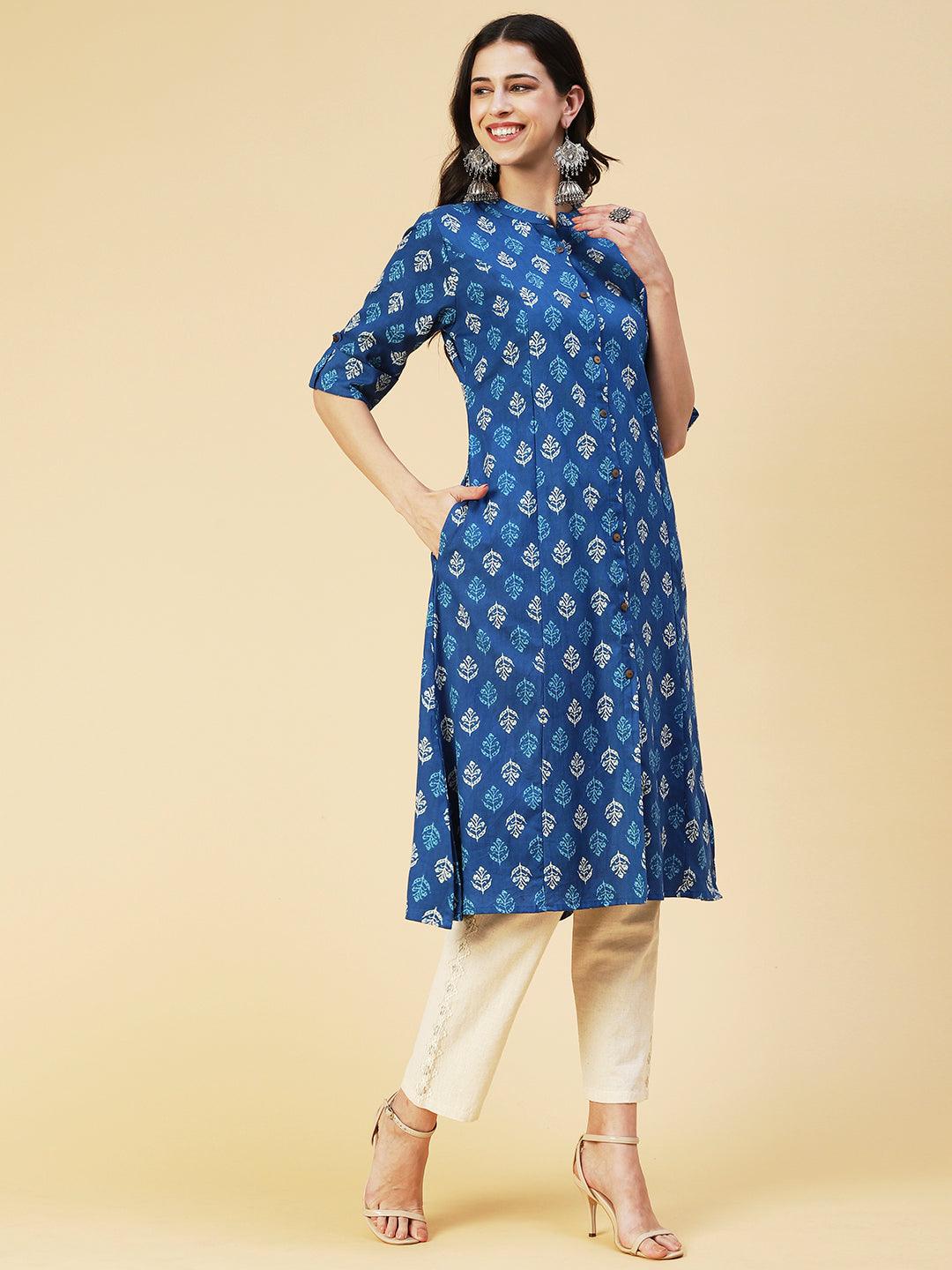 Ethnic Block Printed Kurta - Blue - Indiakreations