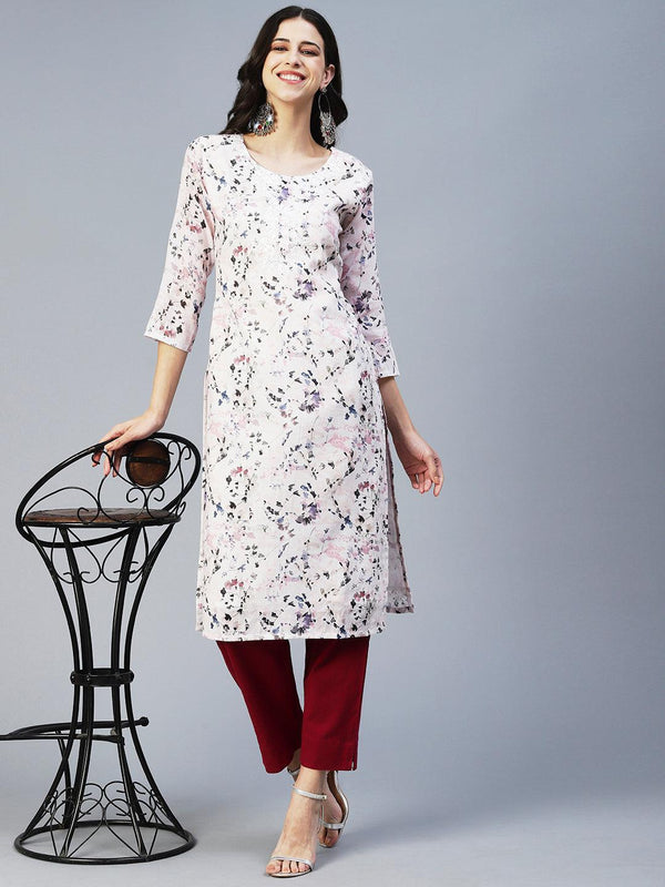 Floral Resham Embroidered Kurta - White - Indiakreations