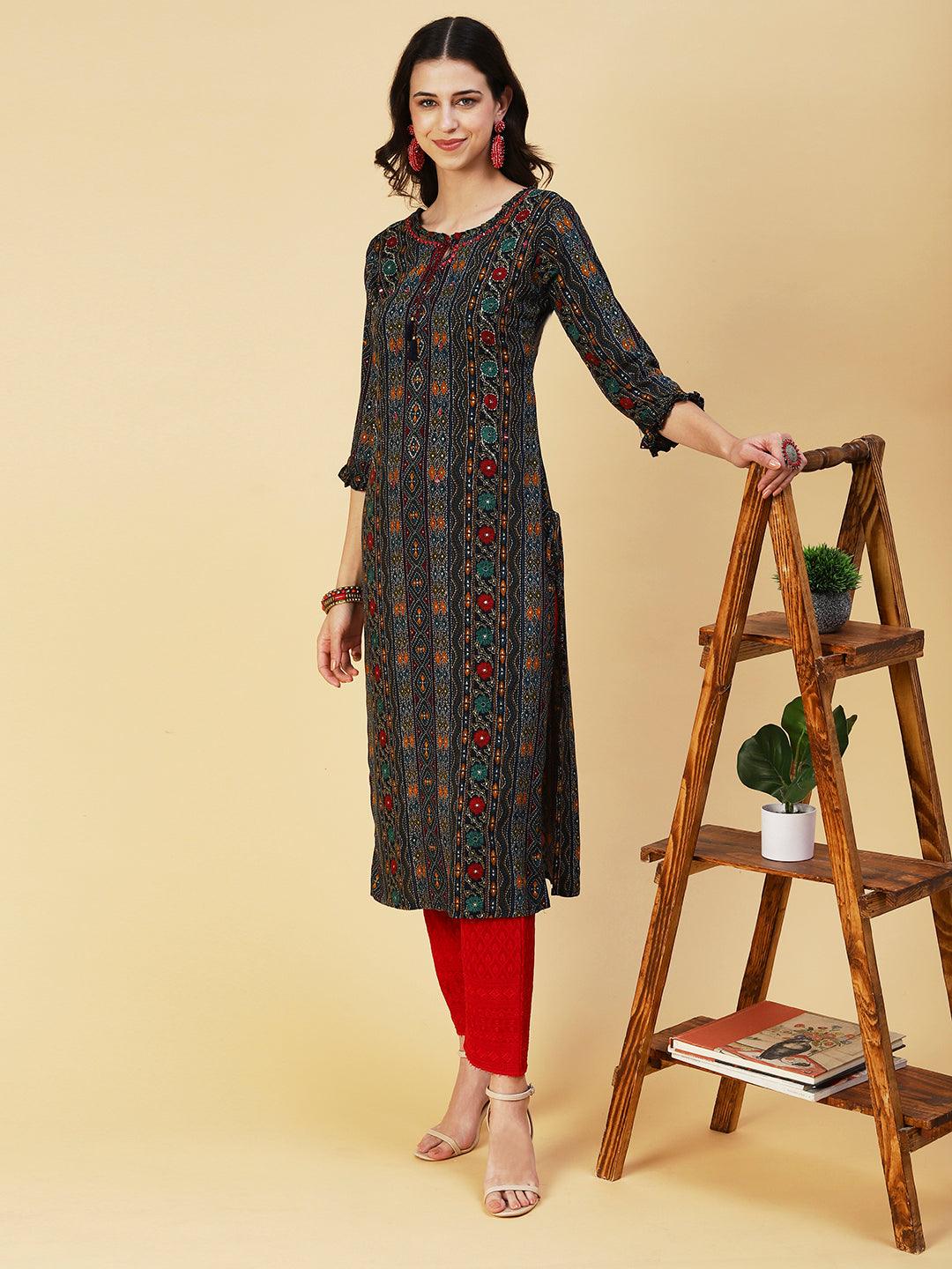 Printed Mirror Embroidered Kurta - Multi - Indiakreations