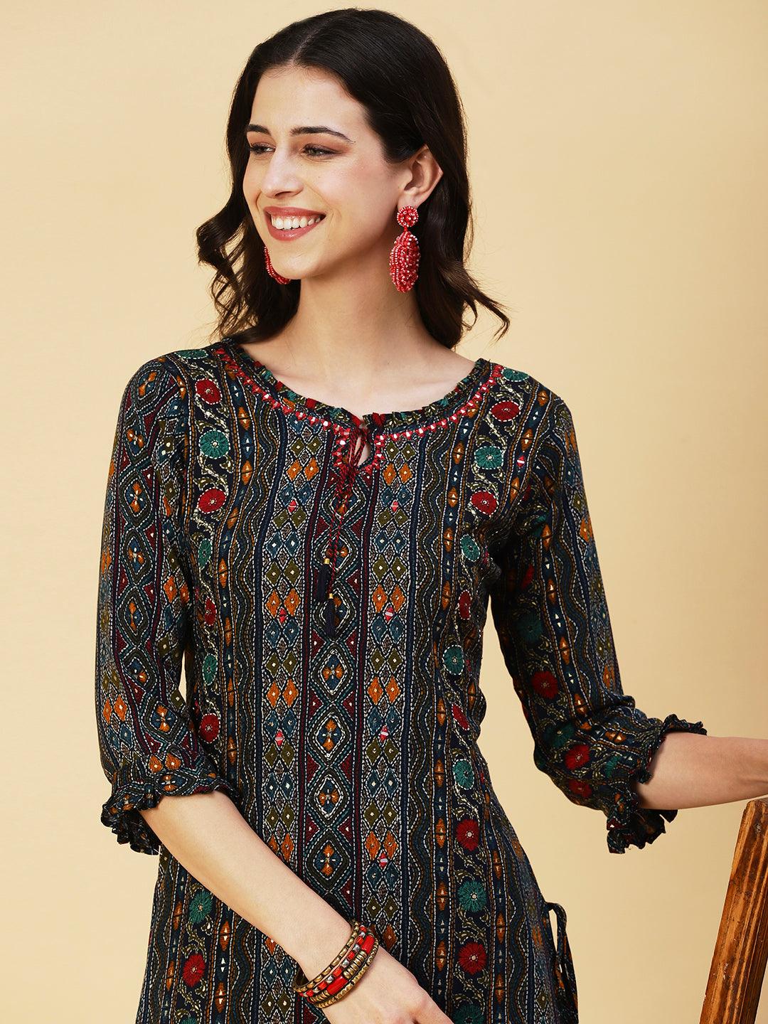 Printed Mirror Embroidered Kurta - Multi - Indiakreations