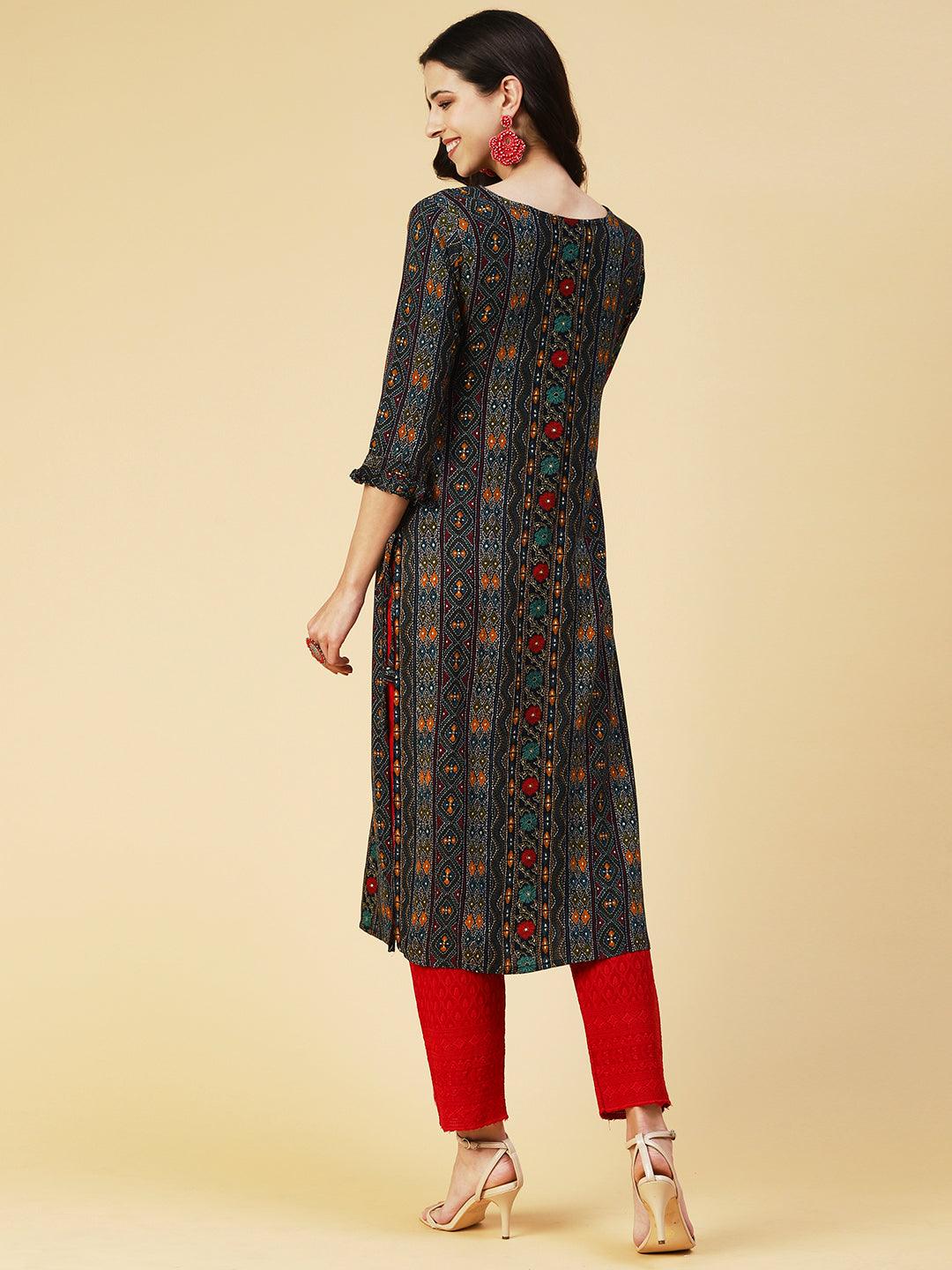 Printed Mirror Embroidered Kurta - Multi - Indiakreations