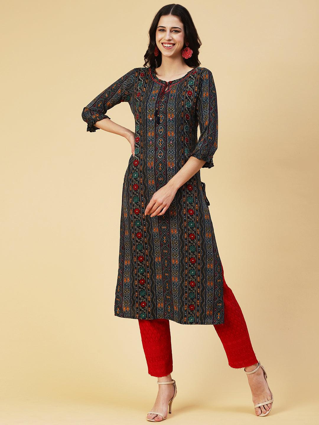 Printed Mirror Embroidered Kurta - Multi - Indiakreations