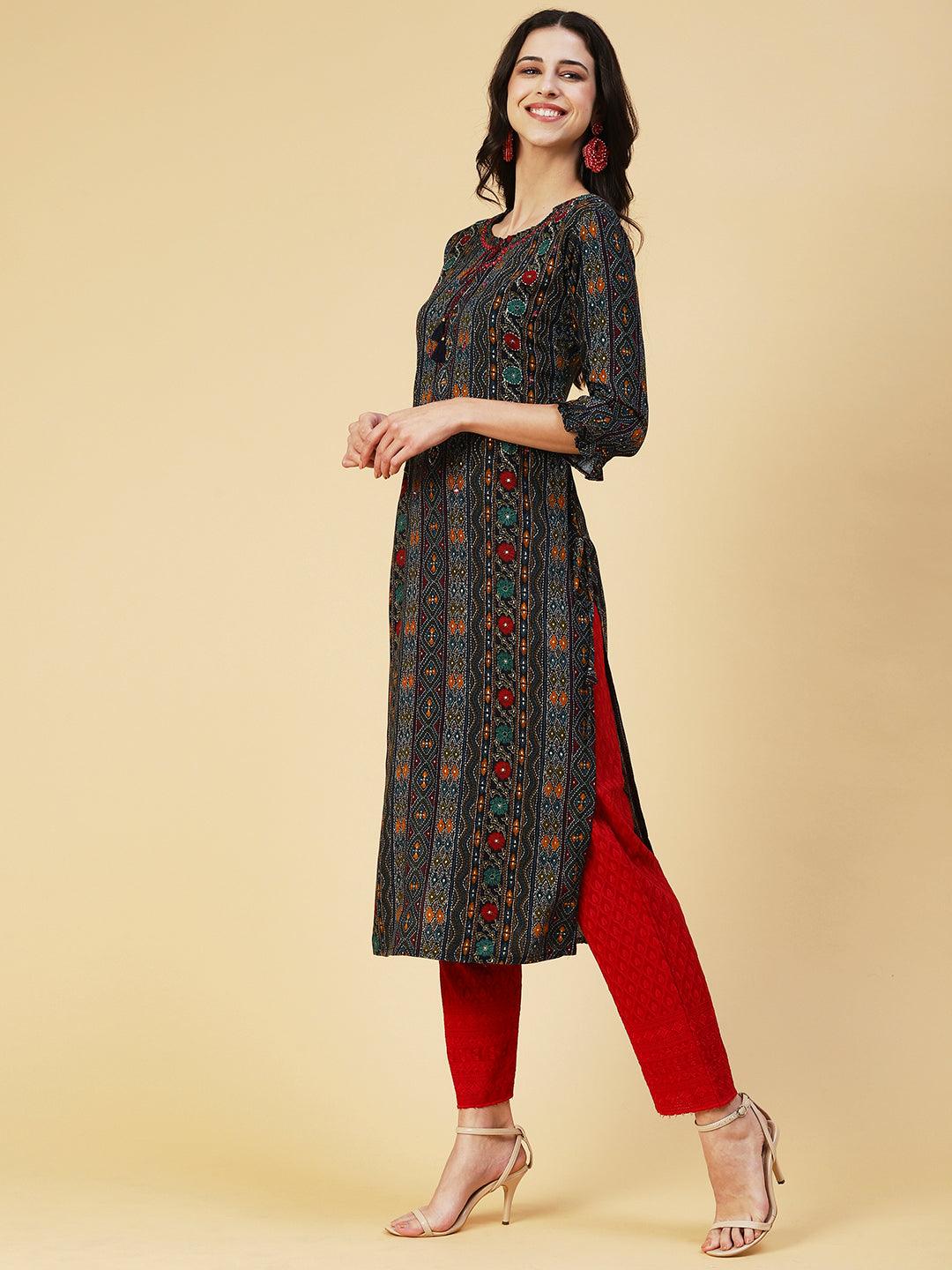 Printed Mirror Embroidered Kurta - Multi - Indiakreations