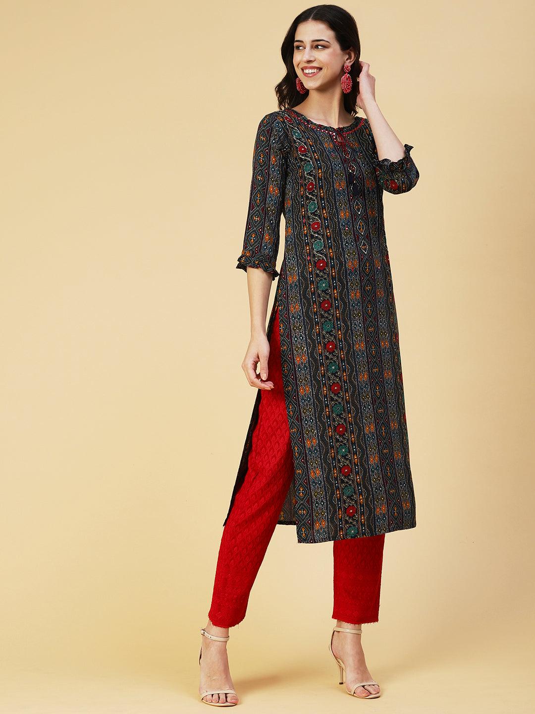 Printed Mirror Embroidered Kurta - Multi - Indiakreations