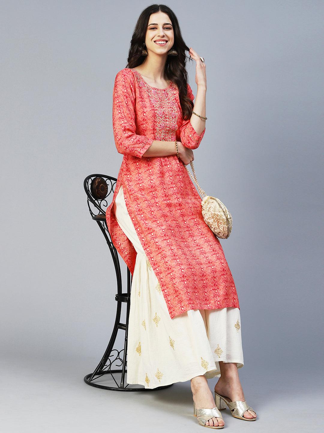 Barfi Printed Mirror Embroidered Kurta - Peach - Indiakreations