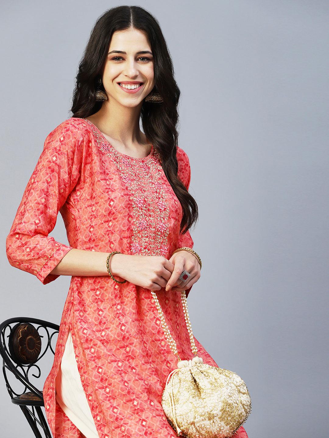 Barfi Printed Mirror Embroidered Kurta - Peach - Indiakreations