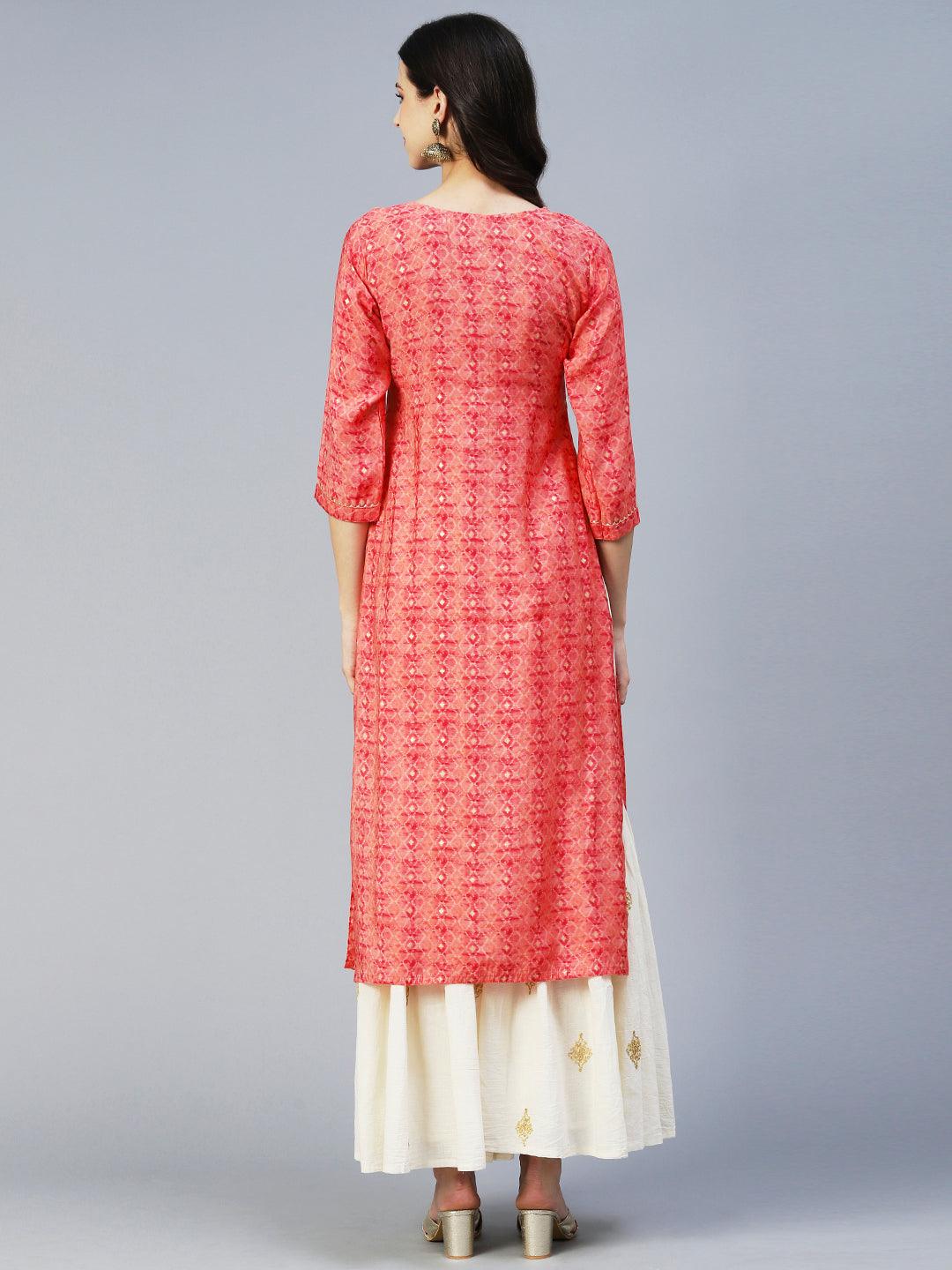 Barfi Printed Mirror Embroidered Kurta - Peach - Indiakreations