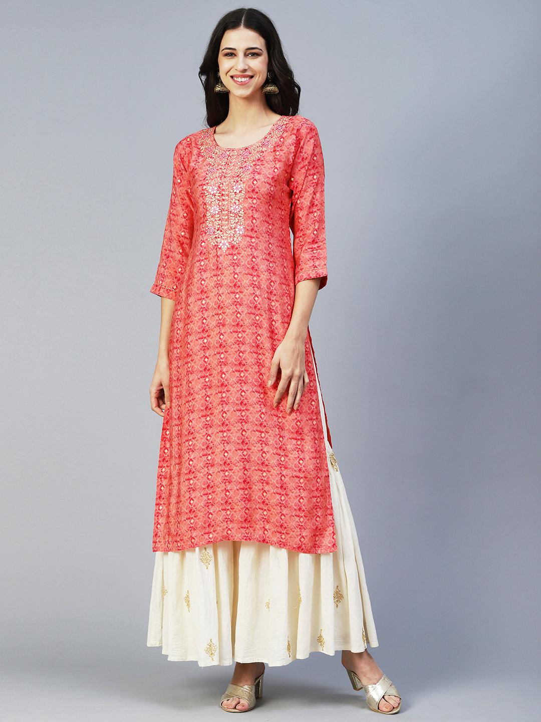 Barfi Printed Mirror Embroidered Kurta - Peach - Indiakreations