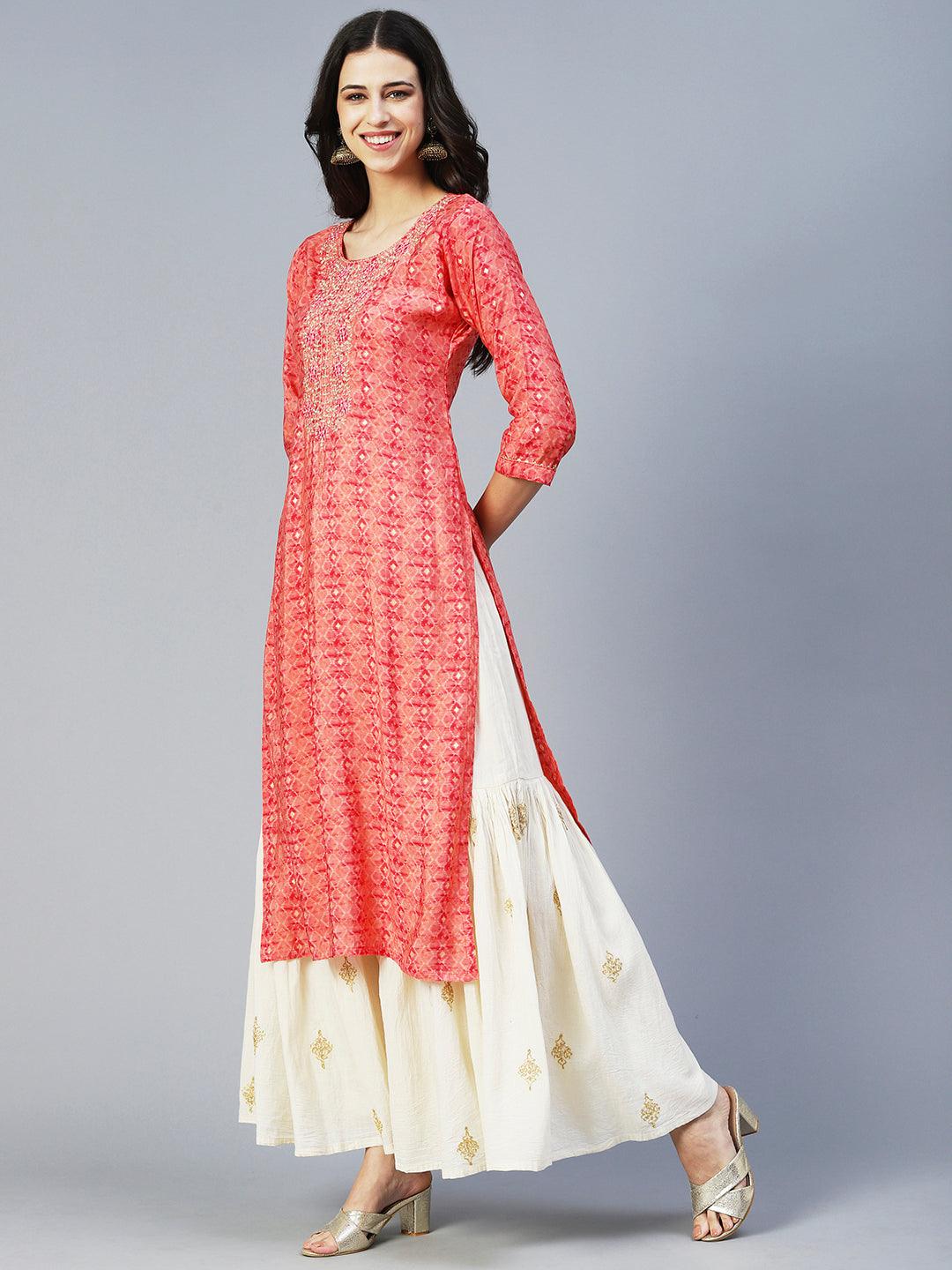 Barfi Printed Mirror Embroidered Kurta - Peach - Indiakreations