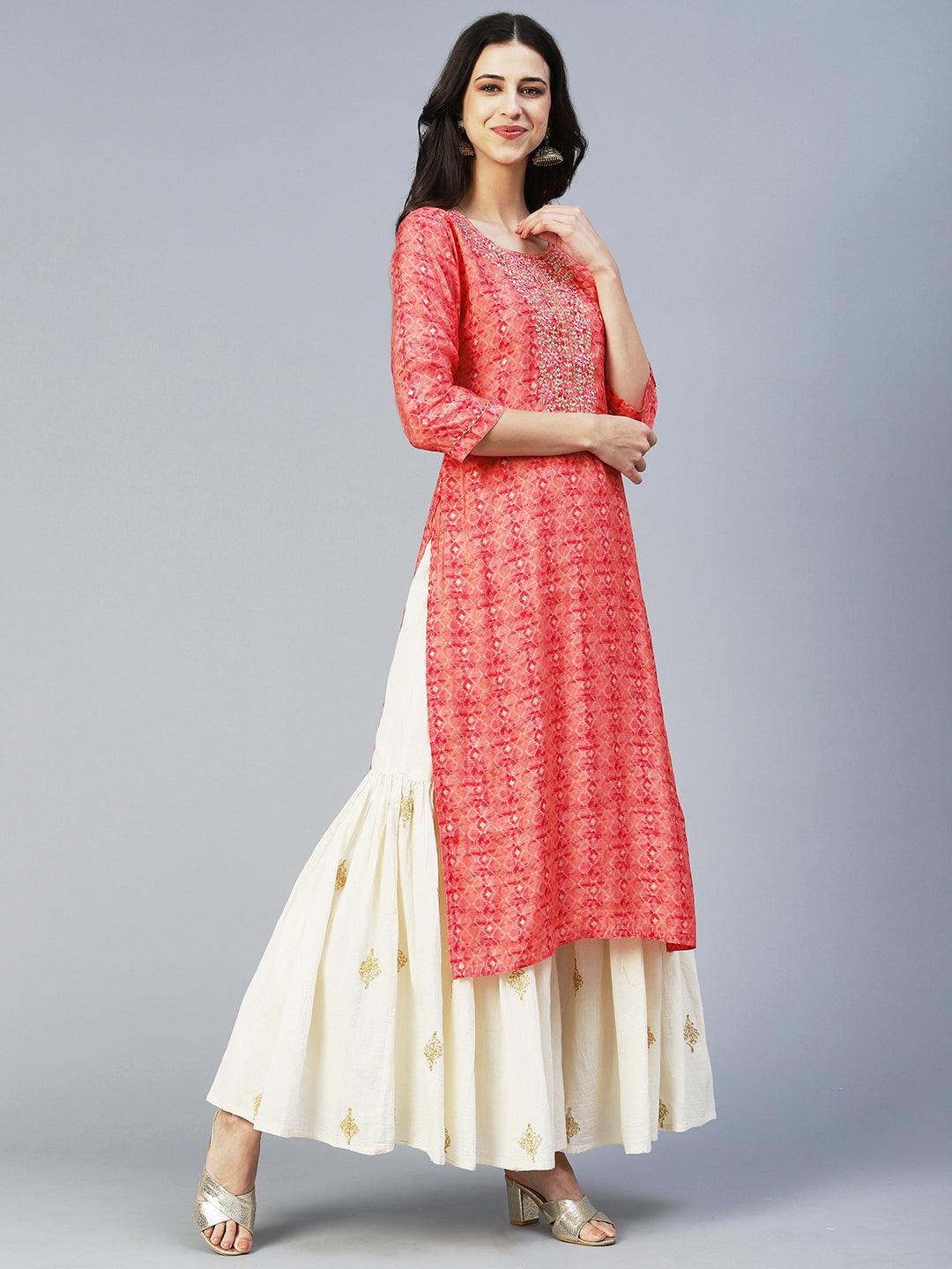 Barfi Printed Mirror Embroidered Kurta - Peach - Indiakreations