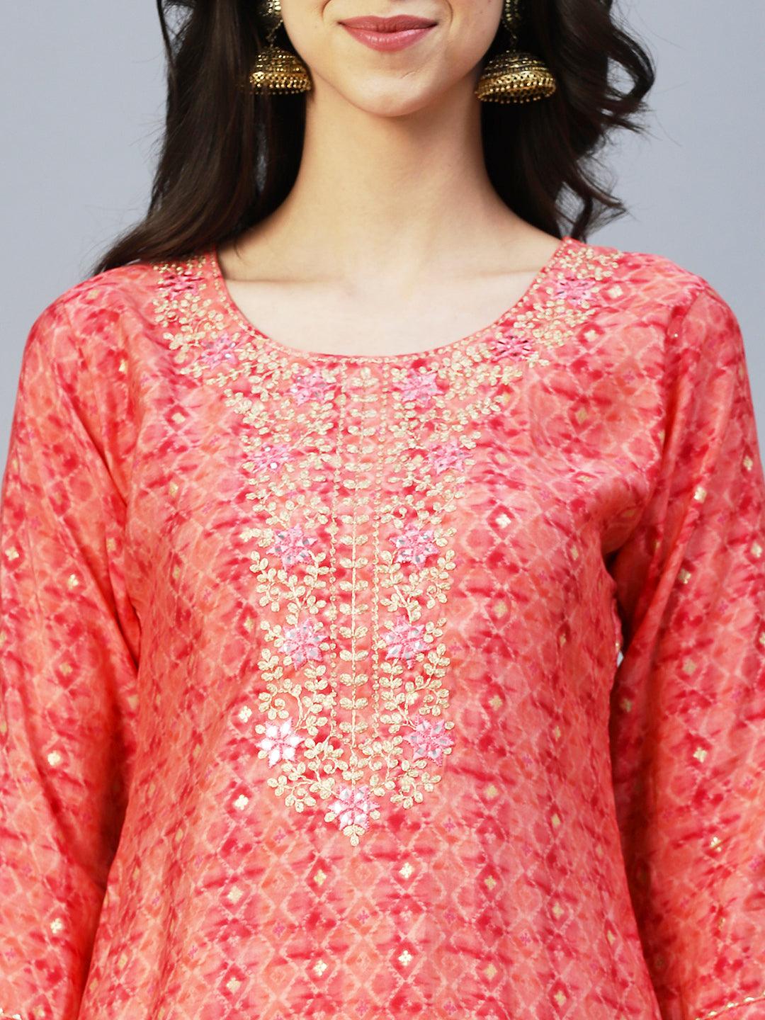 Barfi Printed Mirror Embroidered Kurta - Peach - Indiakreations