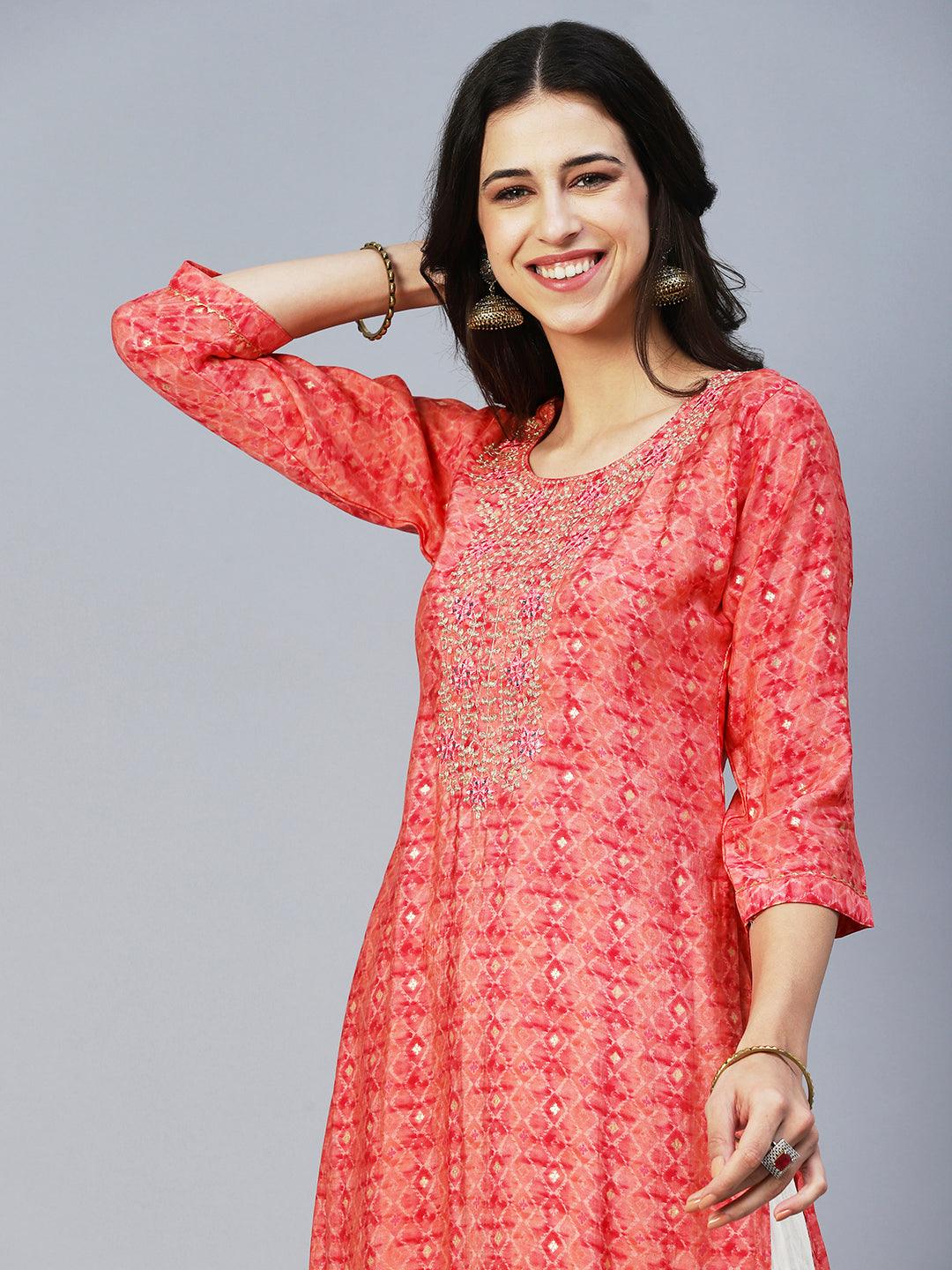 Barfi Printed Mirror Embroidered Kurta - Peach - Indiakreations