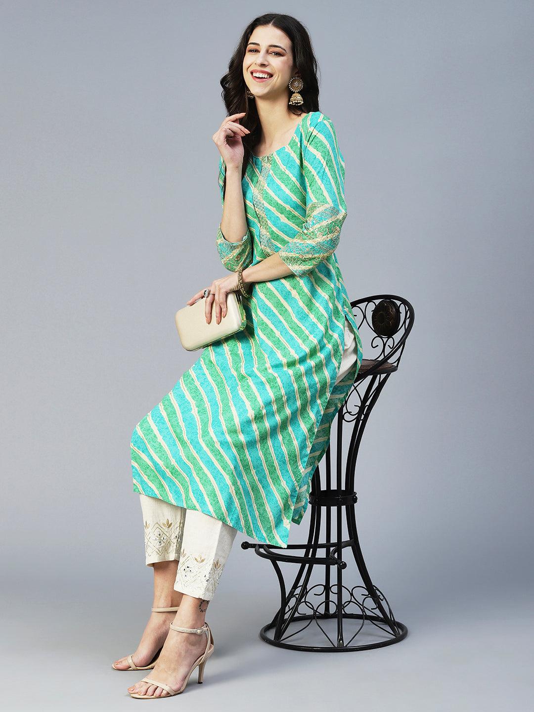 Lehriya Printed Zari Embroidered Kurta - Lime Green - Indiakreations