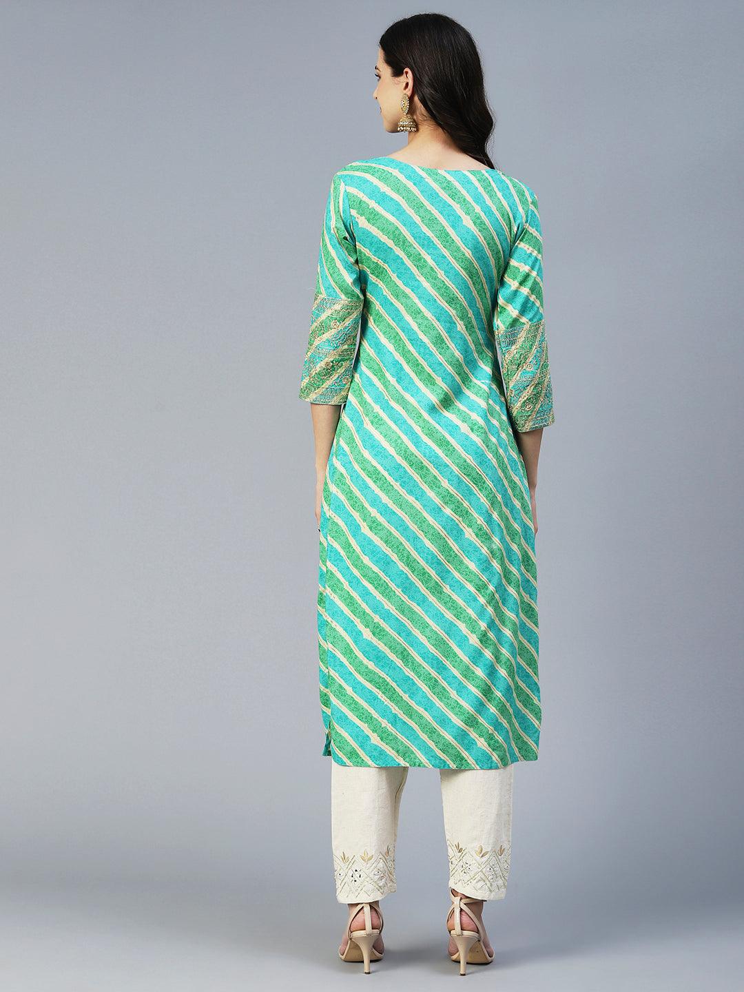 Lehriya Printed Zari Embroidered Kurta - Lime Green - Indiakreations