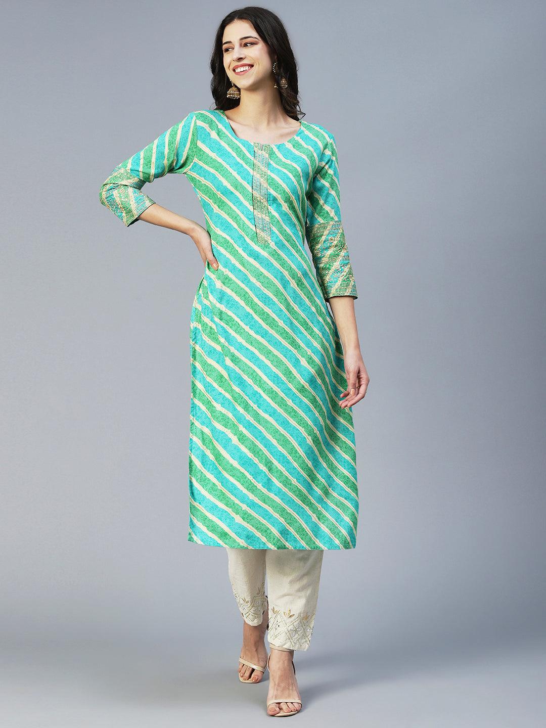 Lehriya Printed Zari Embroidered Kurta - Lime Green - Indiakreations