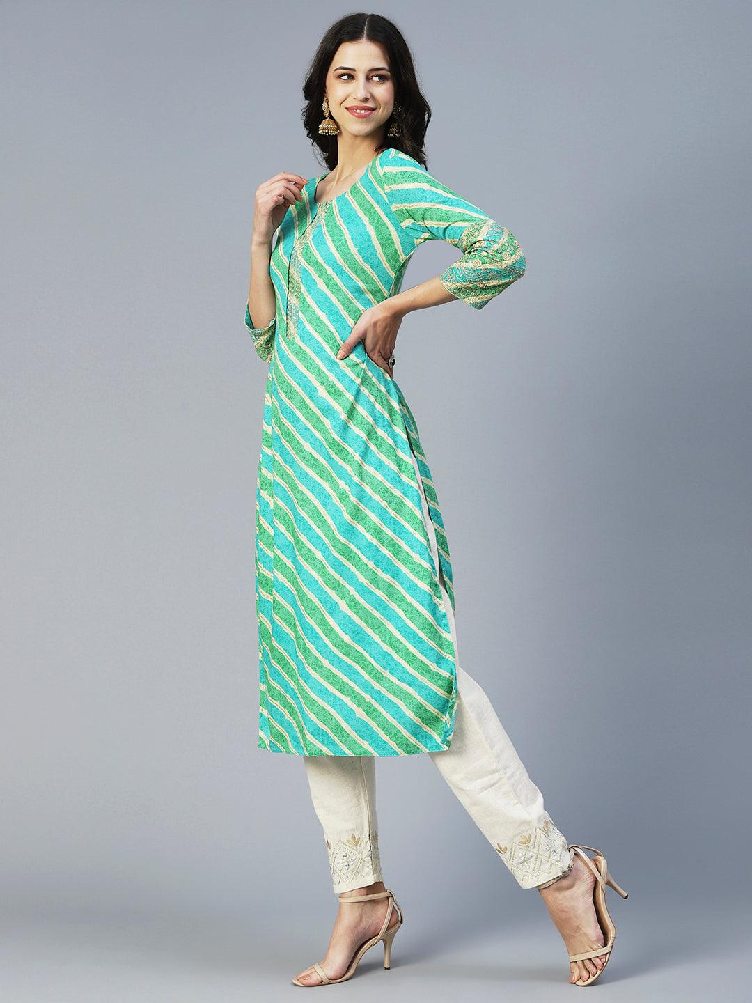 Lehriya Printed Zari Embroidered Kurta - Lime Green - Indiakreations