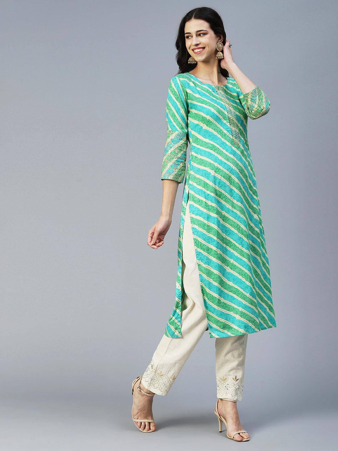 Lehriya Printed Zari Embroidered Kurta - Lime Green - Indiakreations