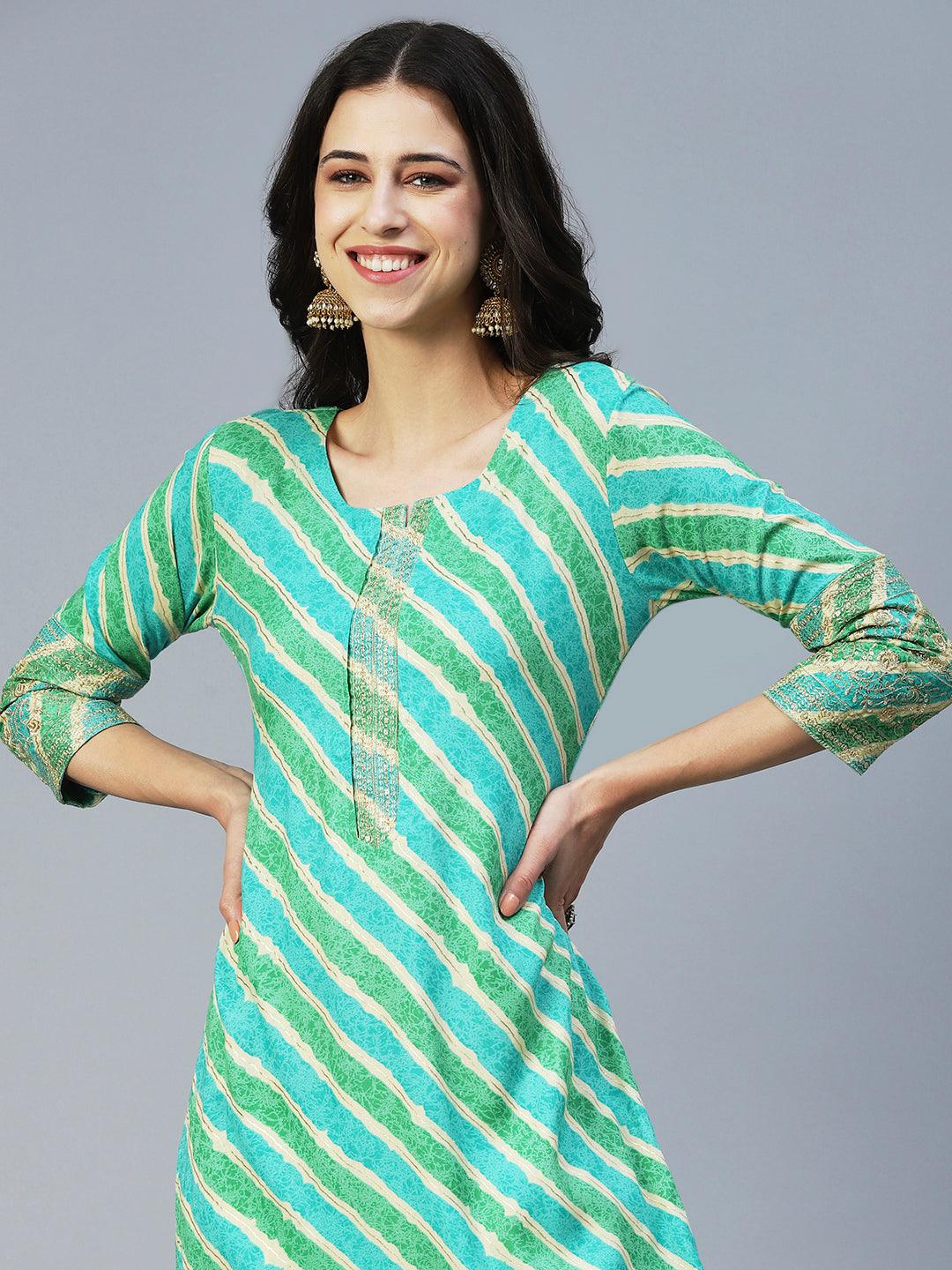 Lehriya Printed Zari Embroidered Kurta - Lime Green - Indiakreations