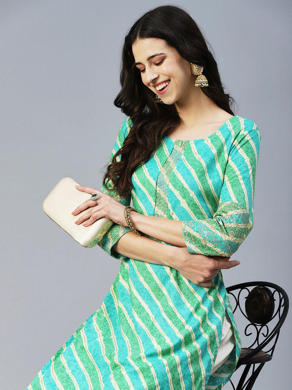 Lehriya Printed Zari Embroidered Kurta - Lime Green - Indiakreations