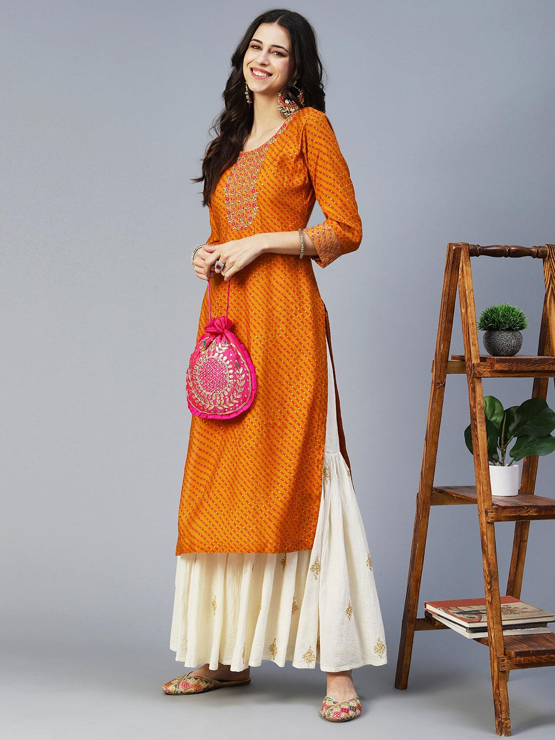 Lehriya Printed Zari Embroidered Kurta - Mustard - Indiakreations