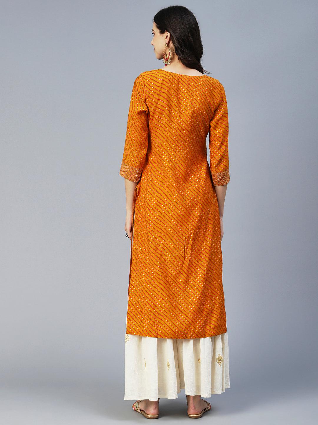 Lehriya Printed Zari Embroidered Kurta - Mustard - Indiakreations