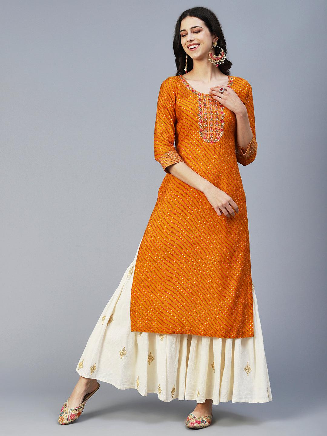 Lehriya Printed Zari Embroidered Kurta - Mustard - Indiakreations