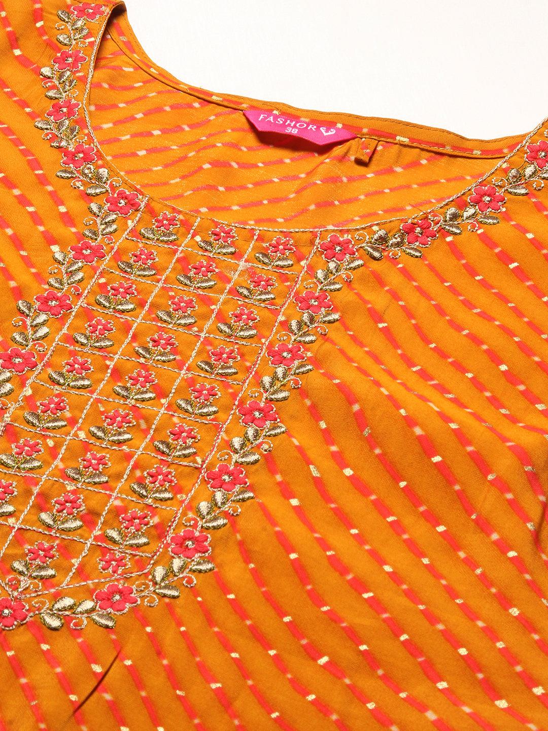 Lehriya Printed Zari Embroidered Kurta - Mustard - Indiakreations