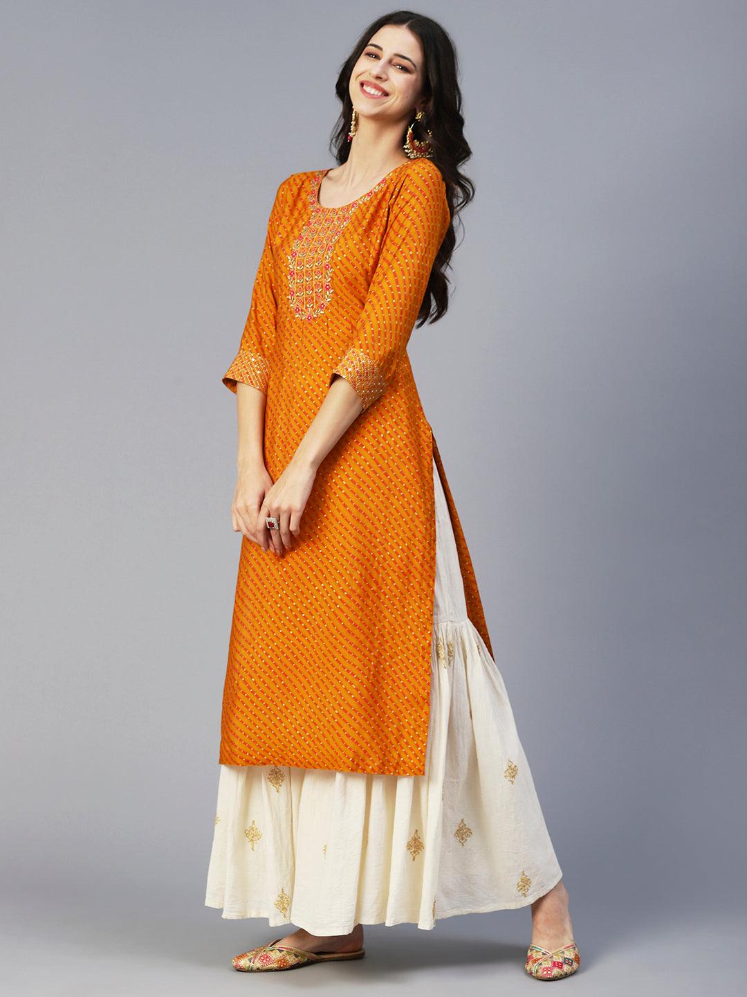 Lehriya Printed Zari Embroidered Kurta - Mustard - Indiakreations