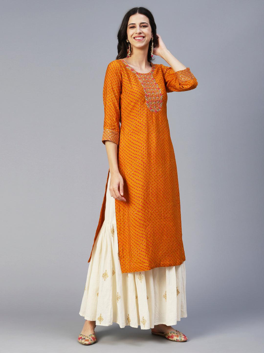 Lehriya Printed Zari Embroidered Kurta - Mustard - Indiakreations