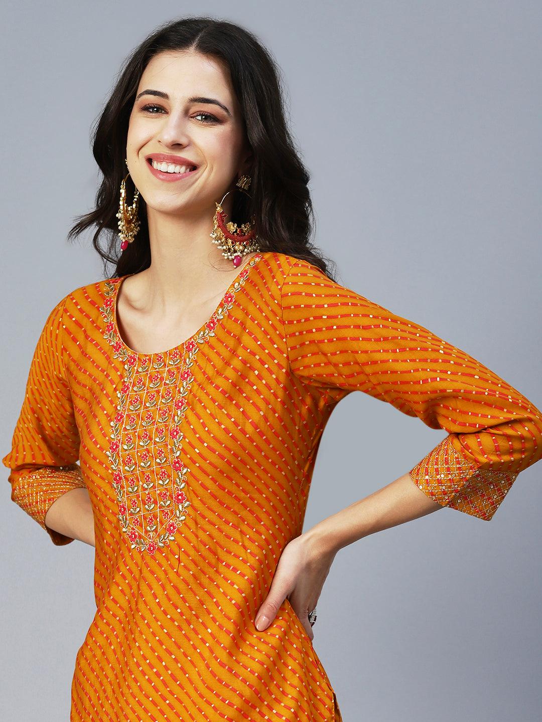 Lehriya Printed Zari Embroidered Kurta - Mustard - Indiakreations