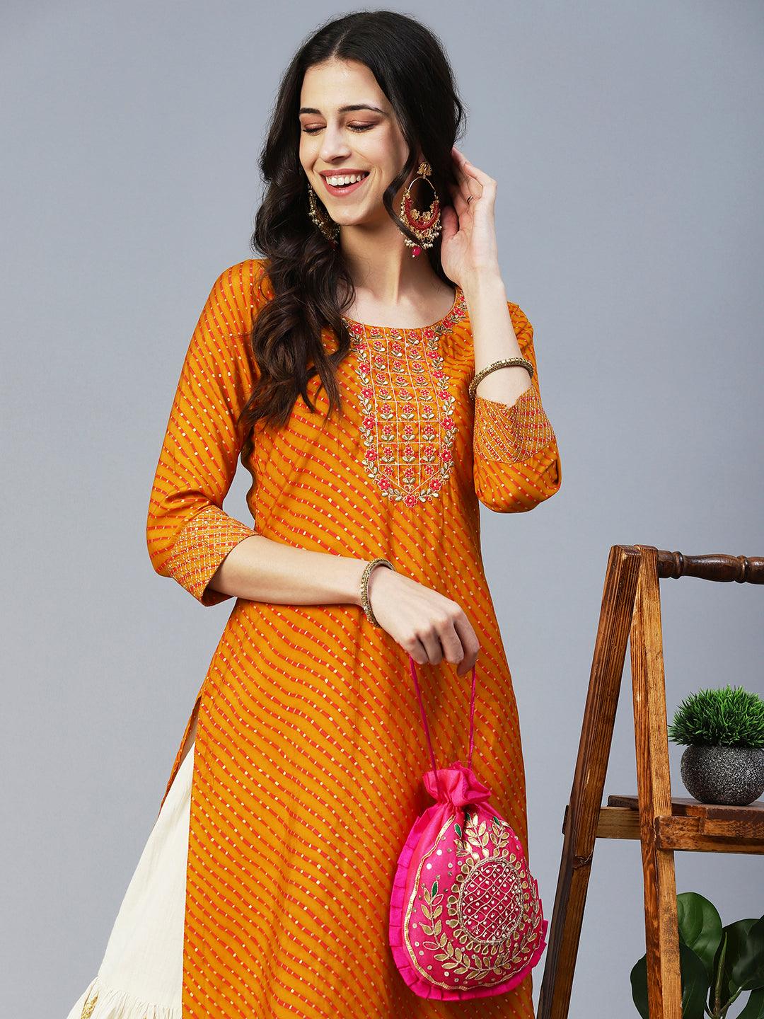 Lehriya Printed Zari Embroidered Kurta - Mustard - Indiakreations