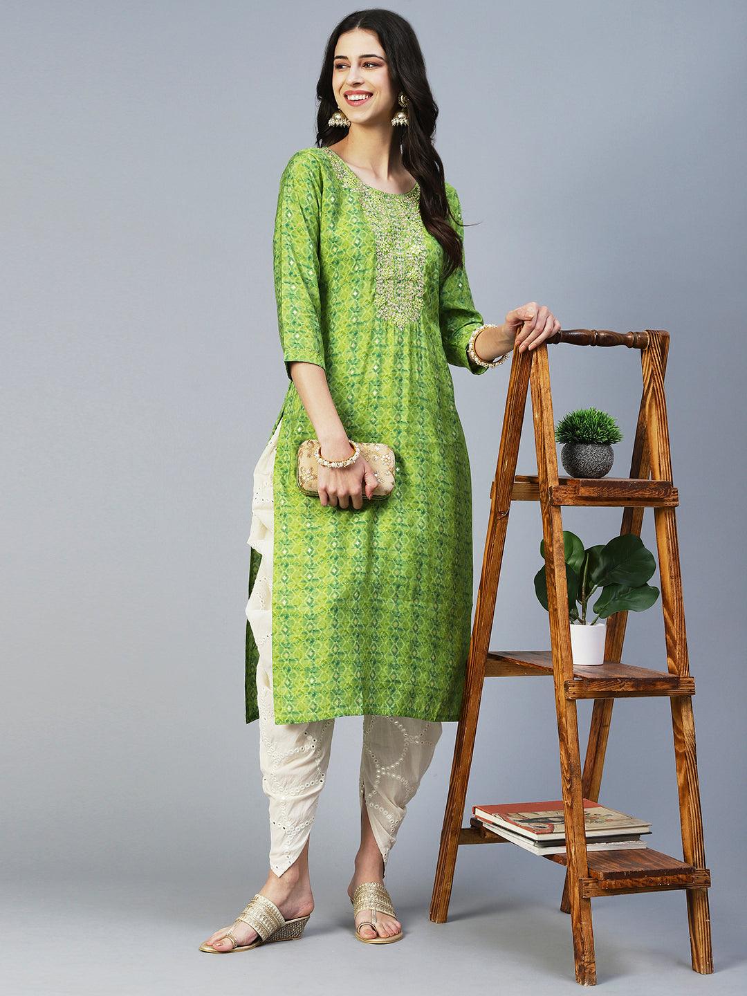 Barfi Printed Mirror Embroidered Kurta - Green - Indiakreations