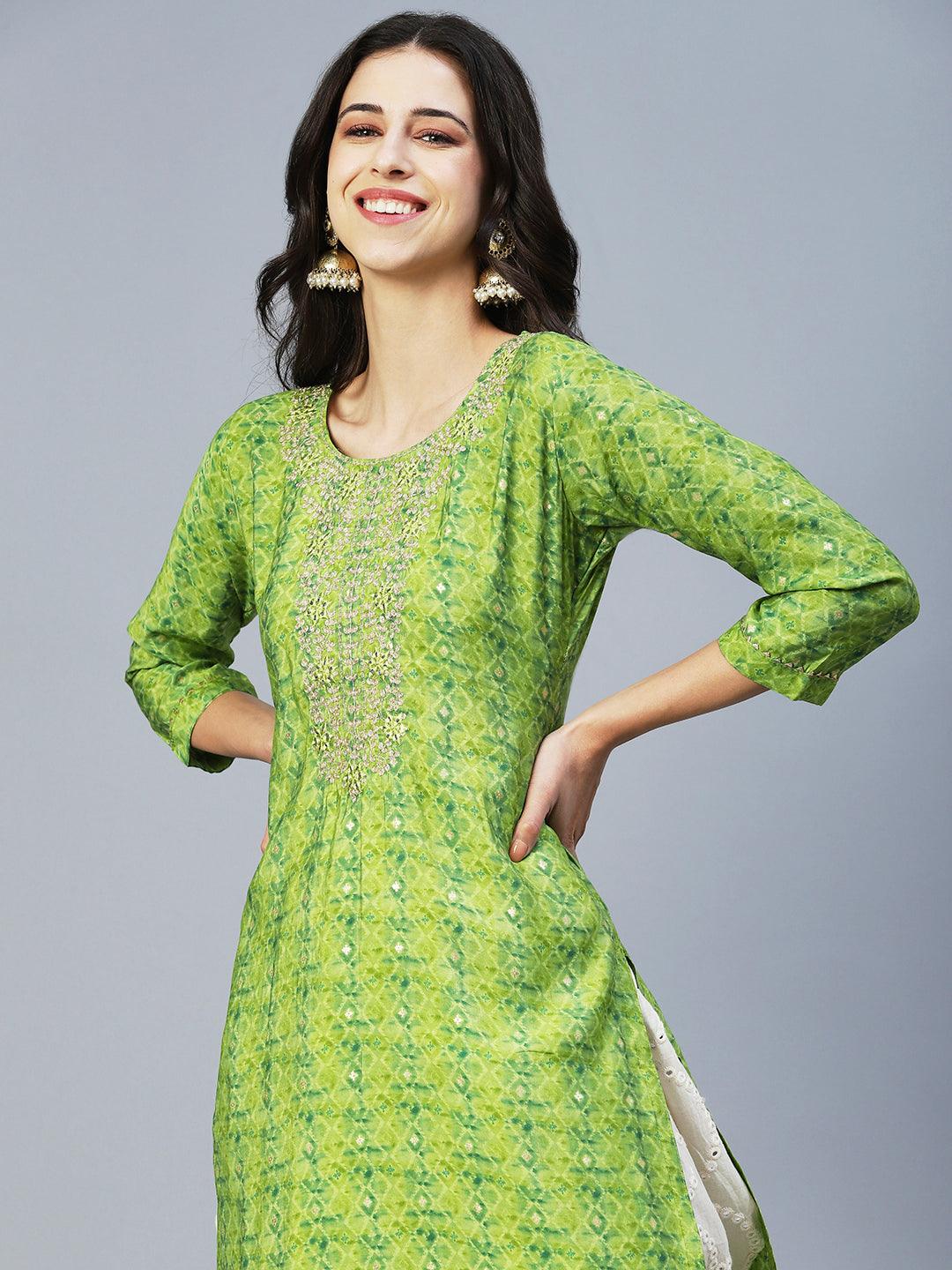 Barfi Printed Mirror Embroidered Kurta - Green - Indiakreations