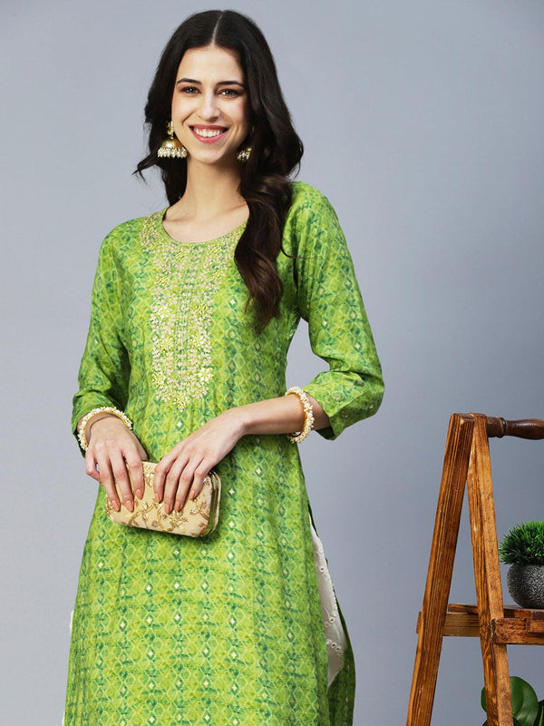 Barfi Printed Mirror Embroidered Kurta - Green - Indiakreations