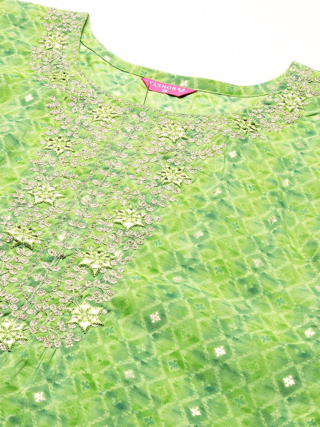 Barfi Printed Mirror Embroidered Kurta - Green - Indiakreations