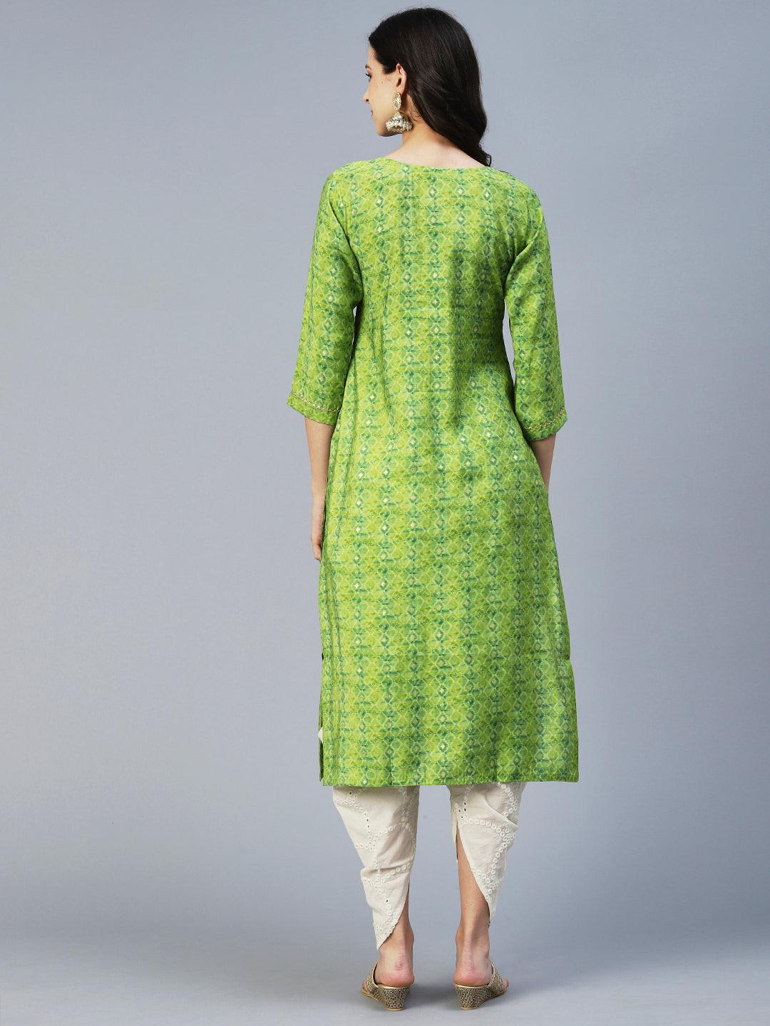 Barfi Printed Mirror Embroidered Kurta - Green - Indiakreations