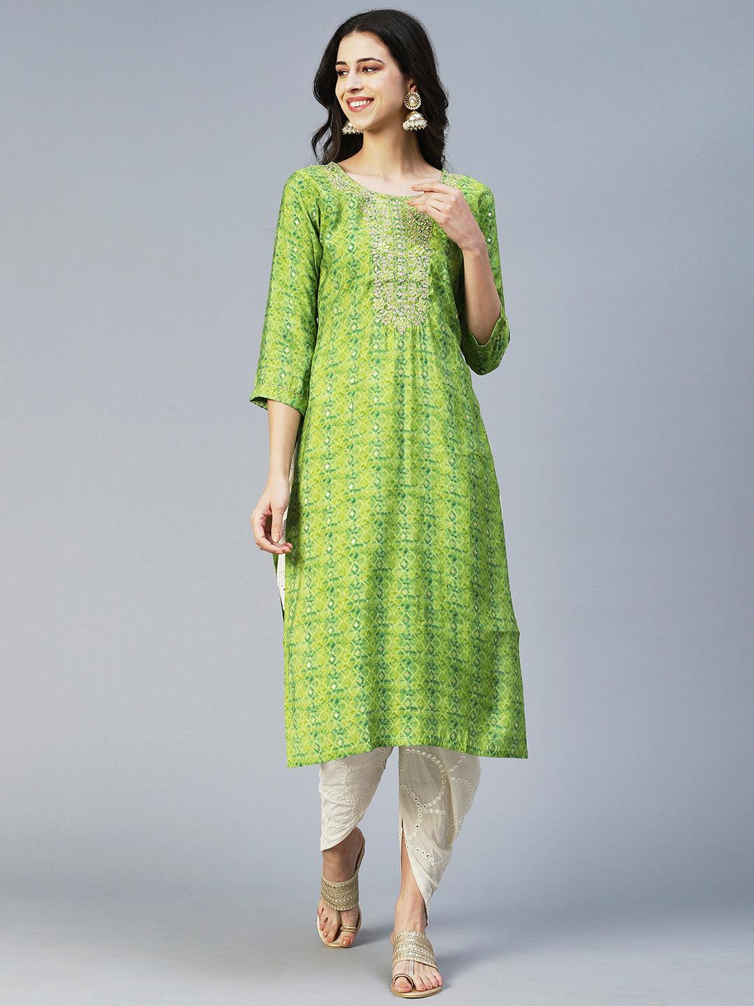 Barfi Printed Mirror Embroidered Kurta - Green - Indiakreations