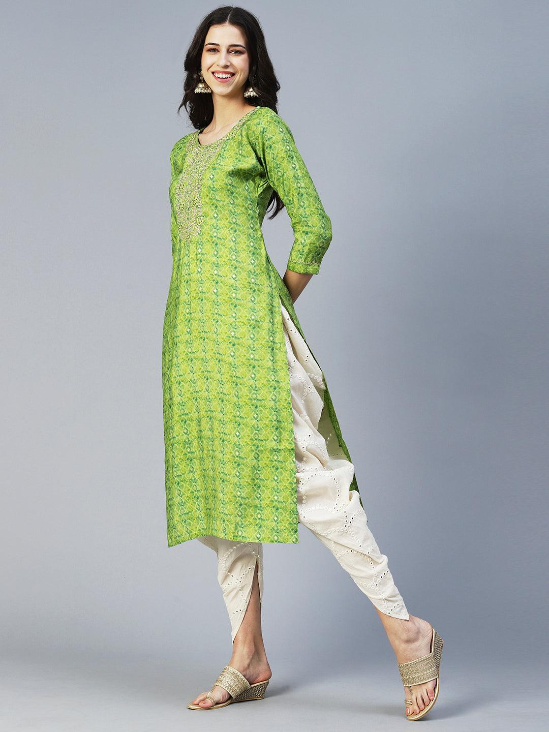 Barfi Printed Mirror Embroidered Kurta - Green - Indiakreations