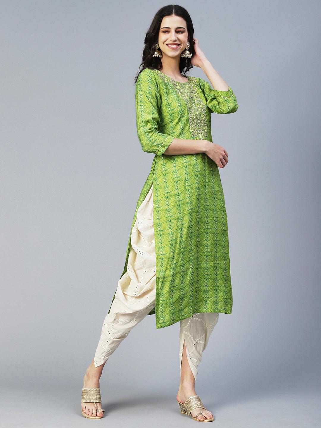 Barfi Printed Mirror Embroidered Kurta - Green - Indiakreations