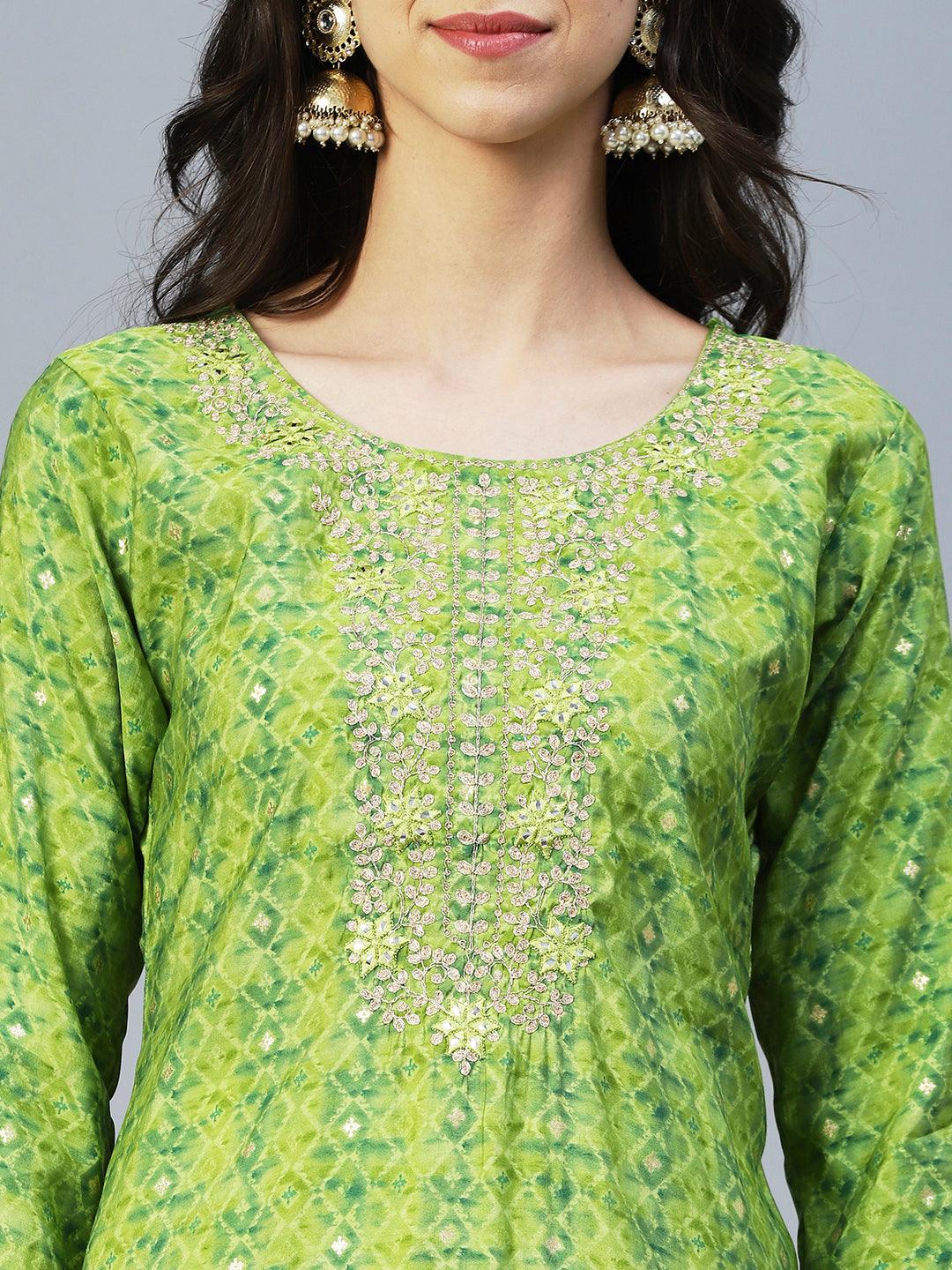 Barfi Printed Mirror Embroidered Kurta - Green - Indiakreations