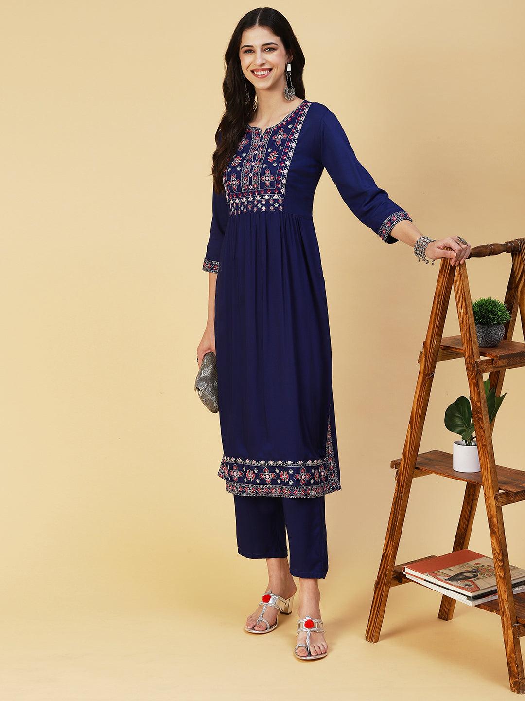 Solid Mirror Embroidered High Slit Kurta With Pants - Blue - Indiakreations