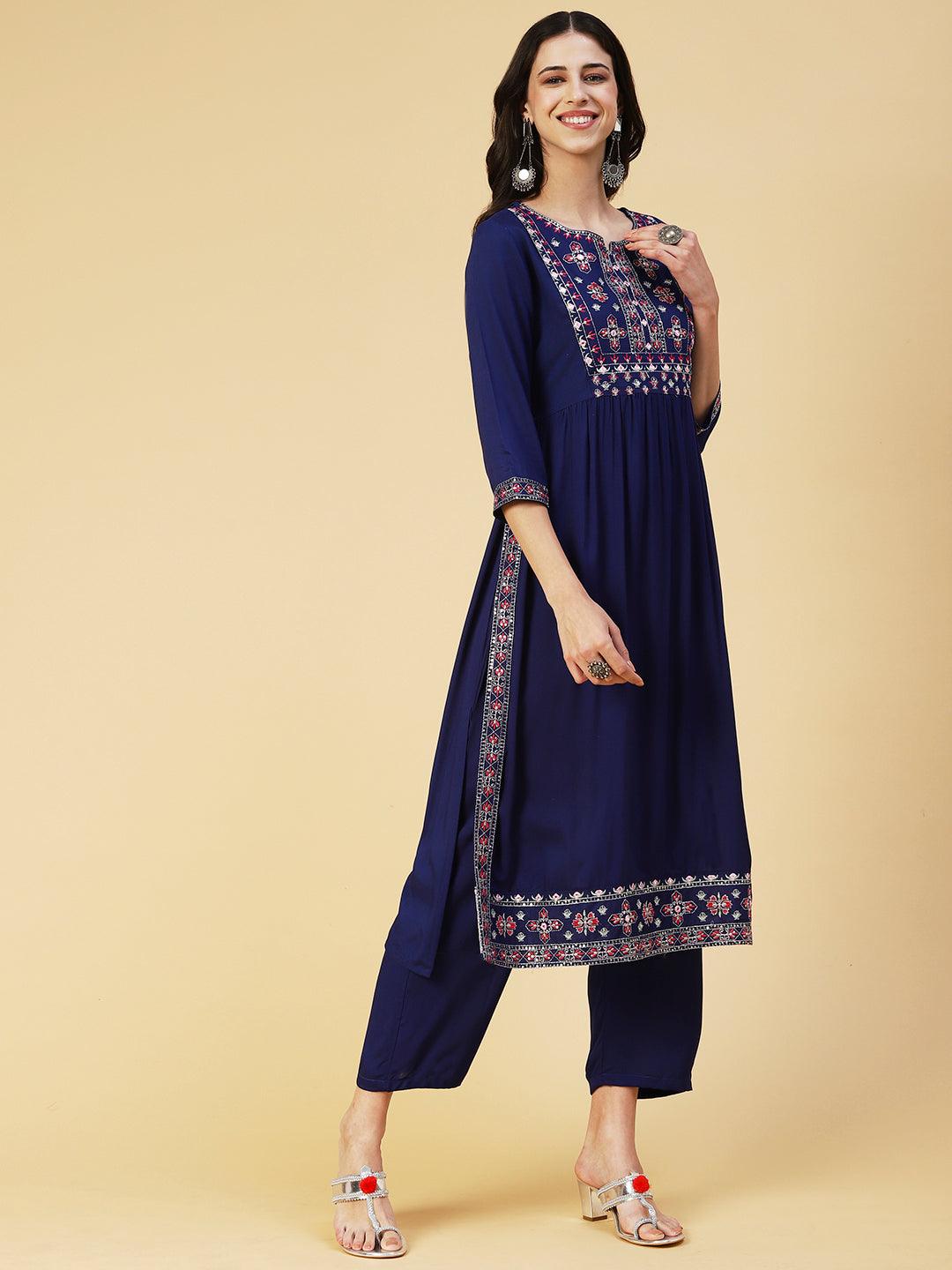 Solid Mirror Embroidered High Slit Kurta With Pants - Blue - Indiakreations