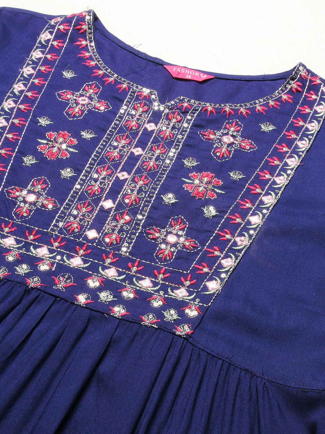 Solid Mirror Embroidered High Slit Kurta With Pants - Blue - Indiakreations