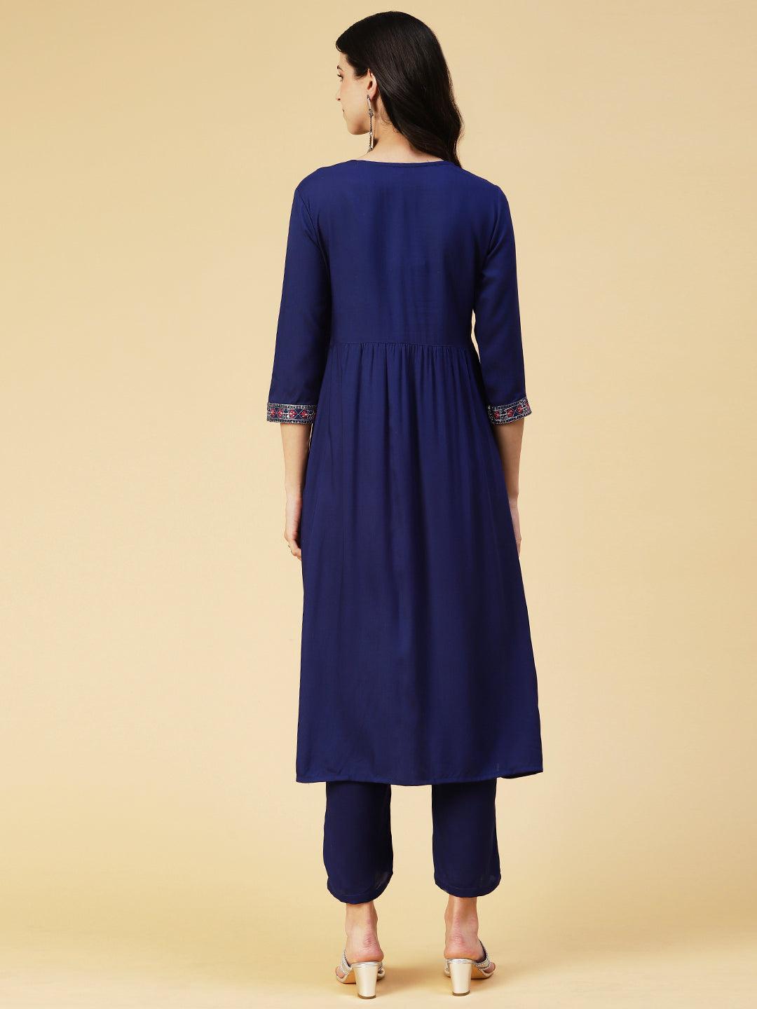 Solid Mirror Embroidered High Slit Kurta With Pants - Blue - Indiakreations