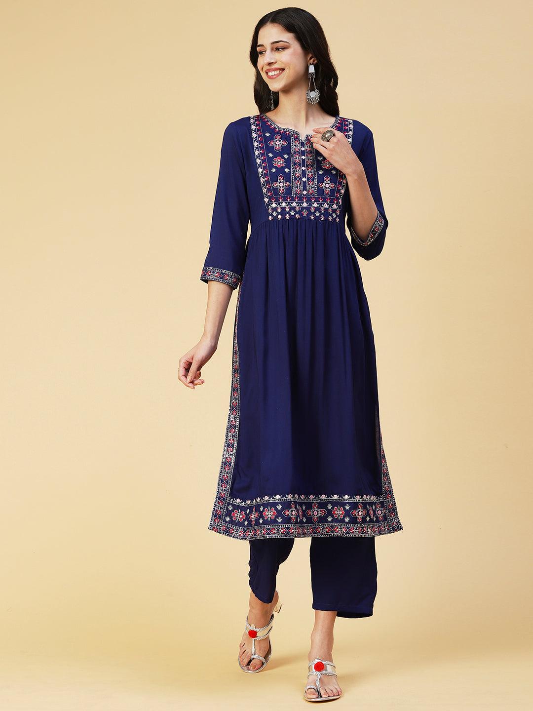 Solid Mirror Embroidered High Slit Kurta With Pants - Blue - Indiakreations