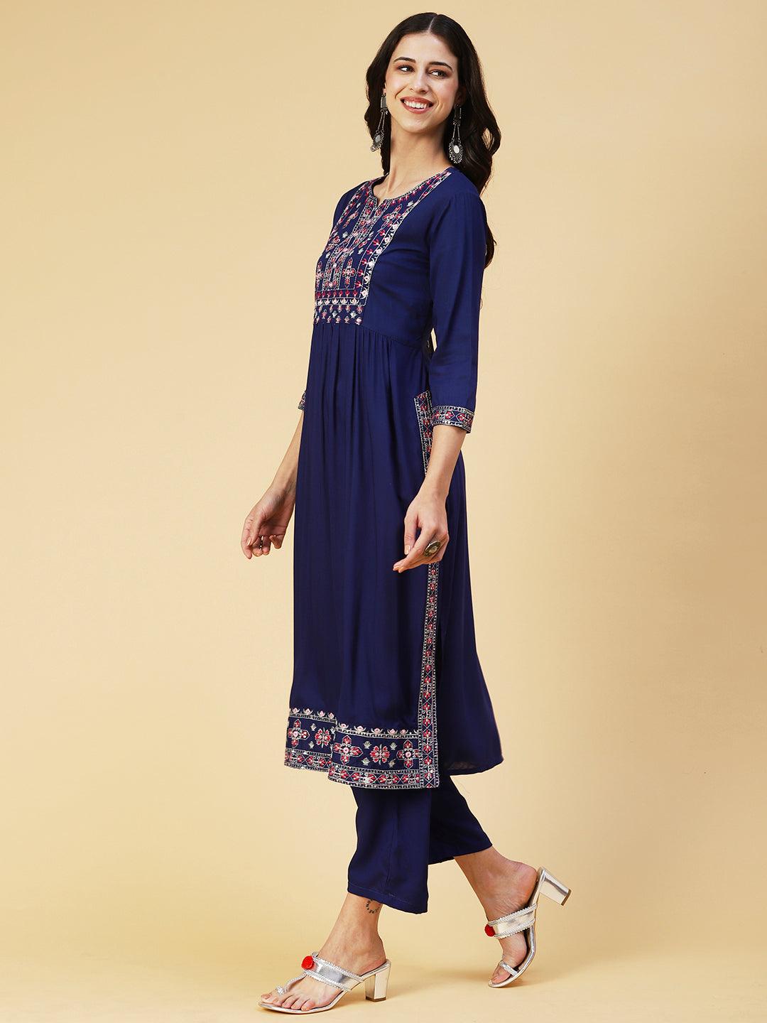 Solid Mirror Embroidered High Slit Kurta With Pants - Blue - Indiakreations